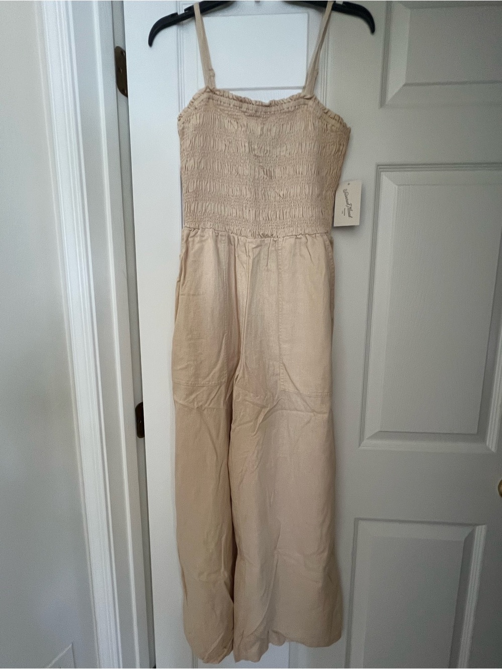Universal Thread Beige Smocked-Strap Wide-Leg Jumpsuit